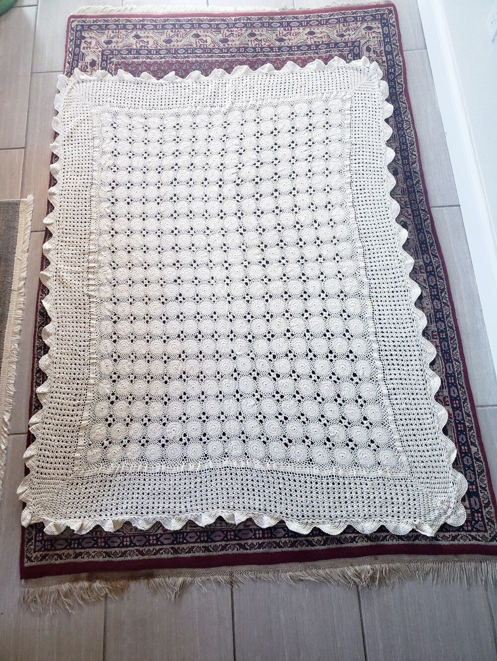 Vintage Crochet Lace Tablecloth Blanket Ecru 57"x43"
